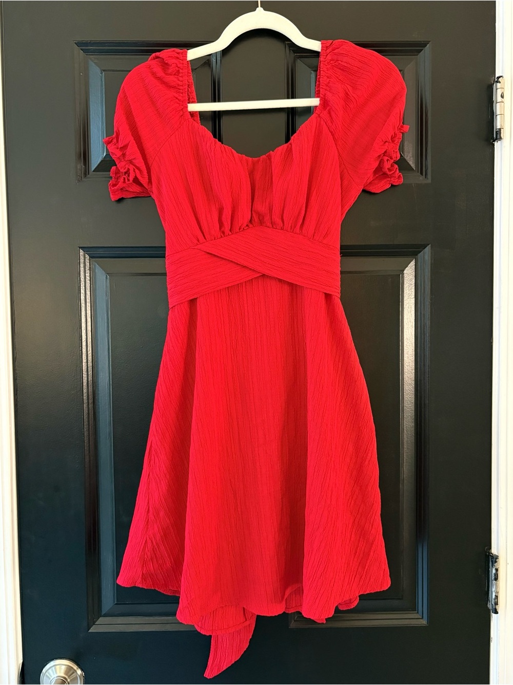 Pie in the Sky Red Crinkle Fit-and-Flare Dress with Puff Sleeves M
